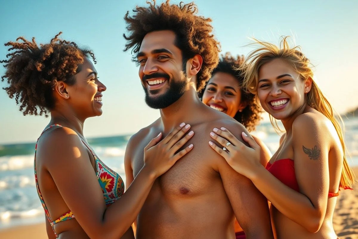 Família brasileira se protegendo do sol na praia.