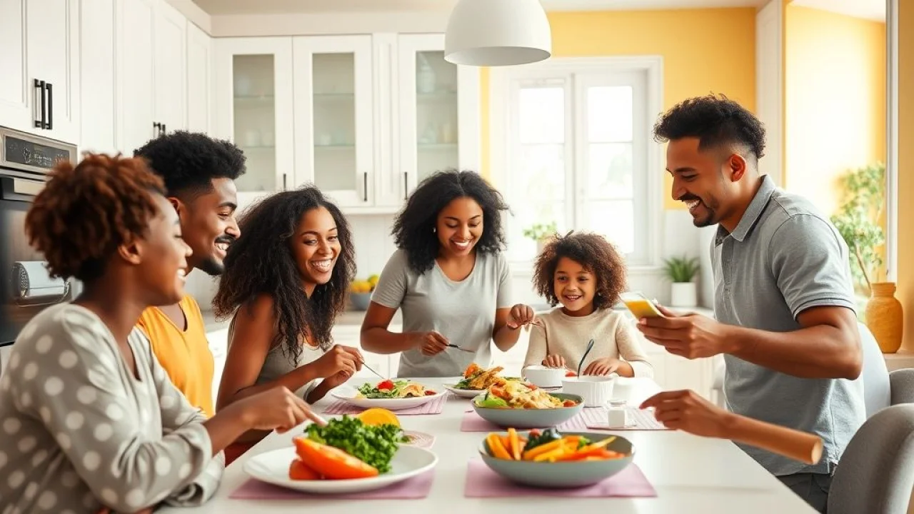 Família brasileira em cozinha clara com armários brancos e paredes amarelas.