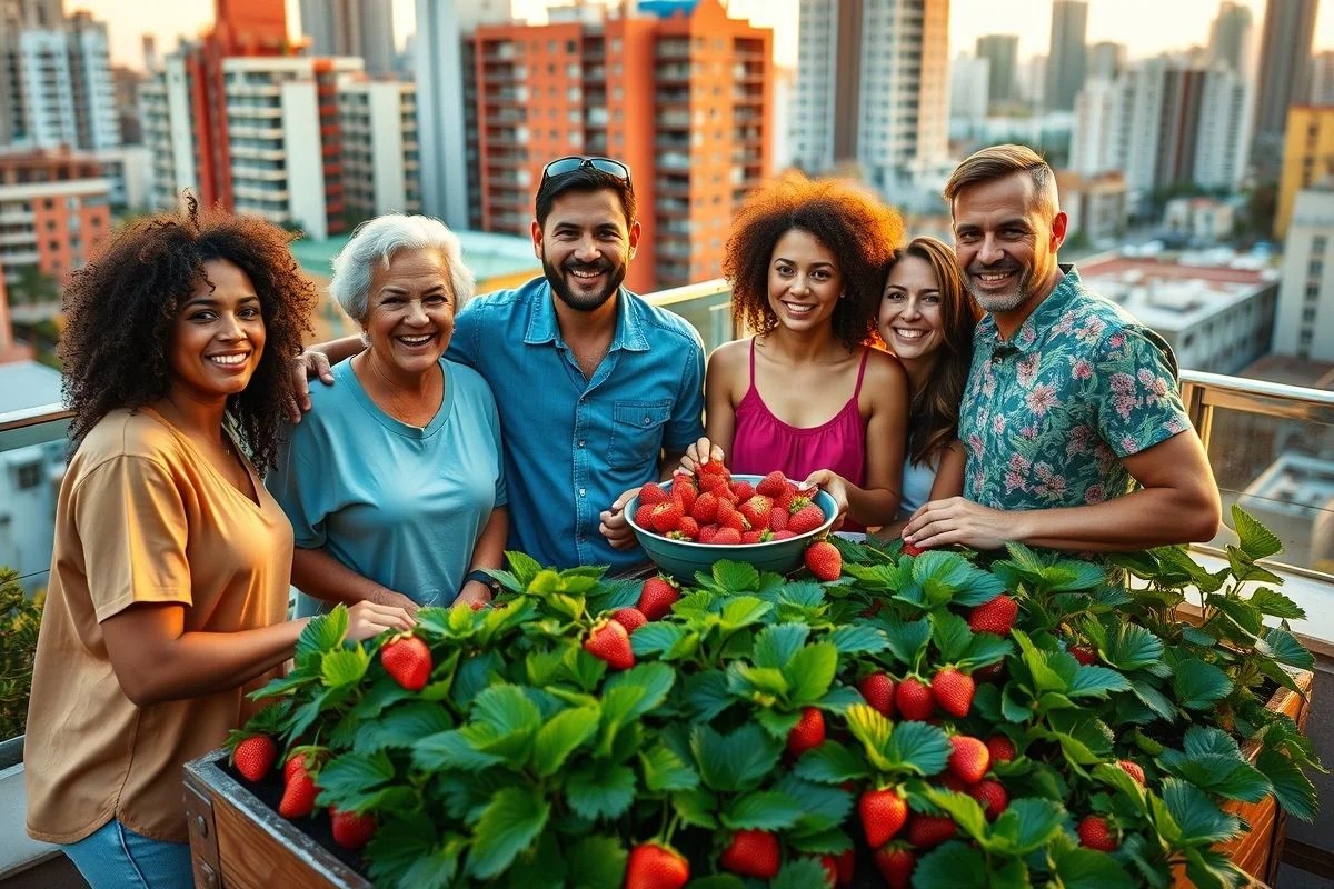 Família saboreando morangos colhidos da própria horta urbana no terraço.