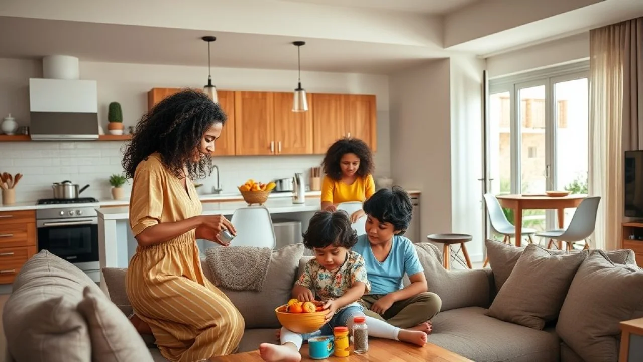 Família brasileira aproveitando sala conceito aberto.