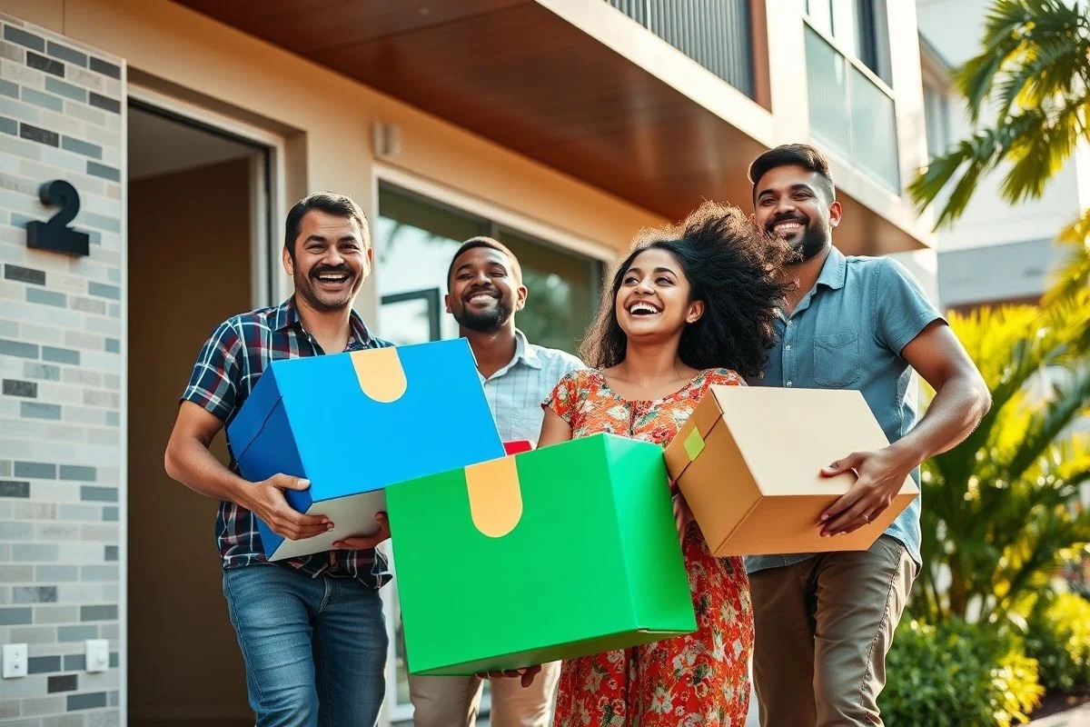 Família brasileira se mudando para novo residencial, felicidade e realização.