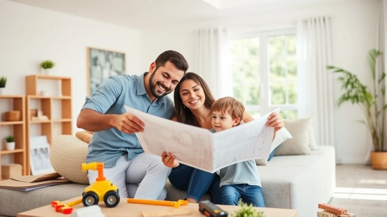 Família brasileira renovando a casa com alegria. Pai mostra planta, mãe sorri, filho brinca com ferramentas.
