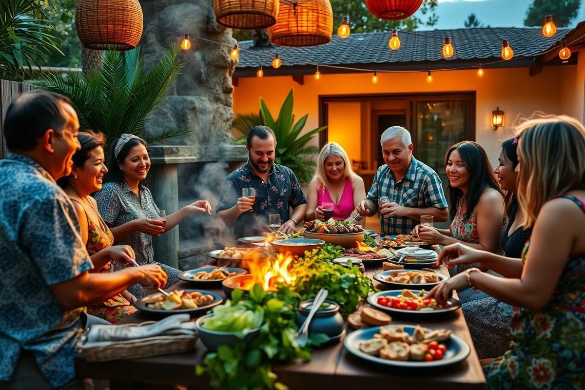 Família brasileira fazendo churrasco no quintal com amigos