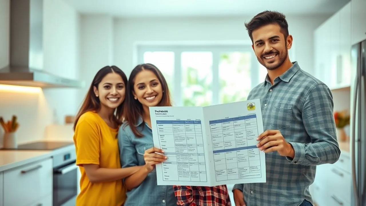 Família brasileira sorrindo em cozinha renovada, mulher segura cronograma de obra.
