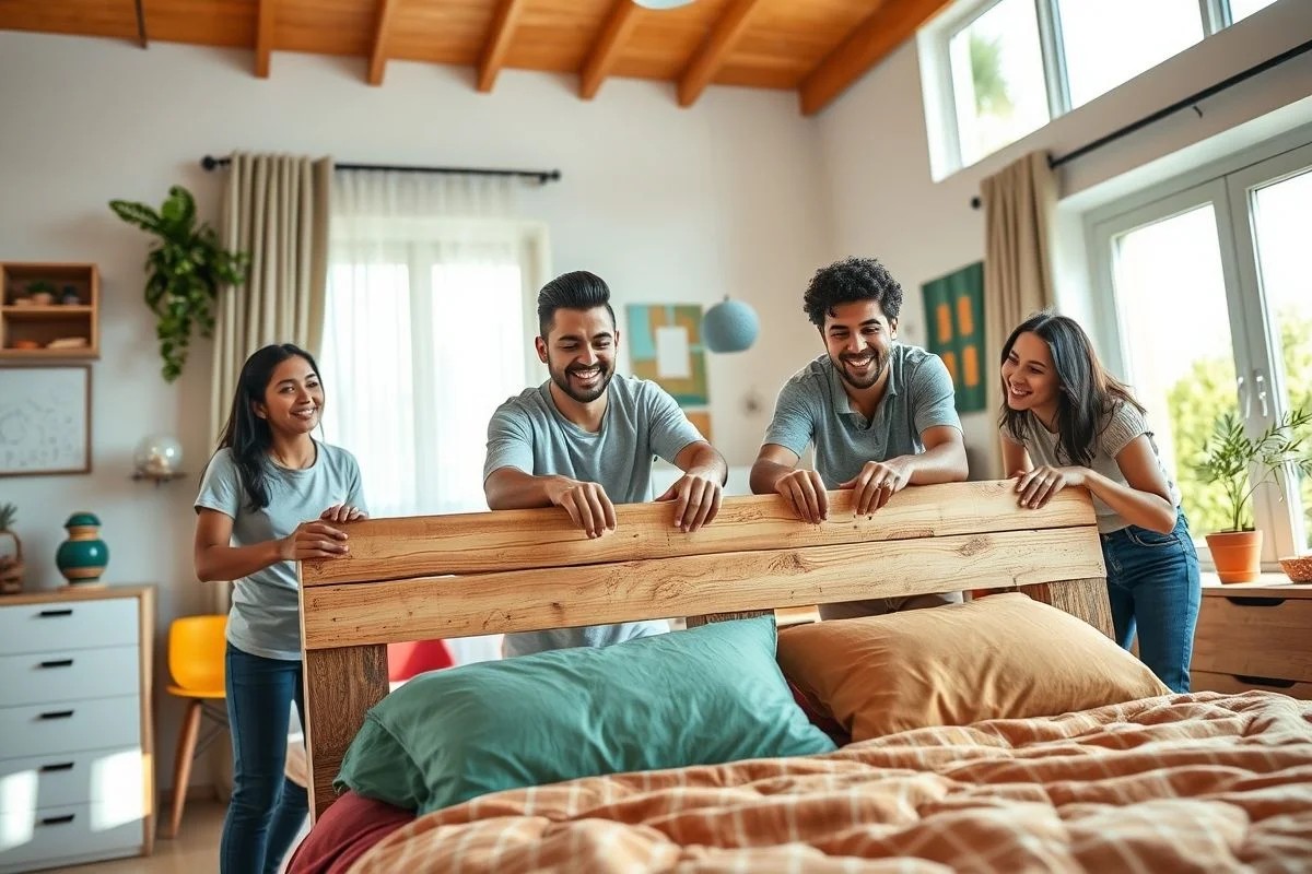 Família brasileira instalando cabeceira de pallet no quarto