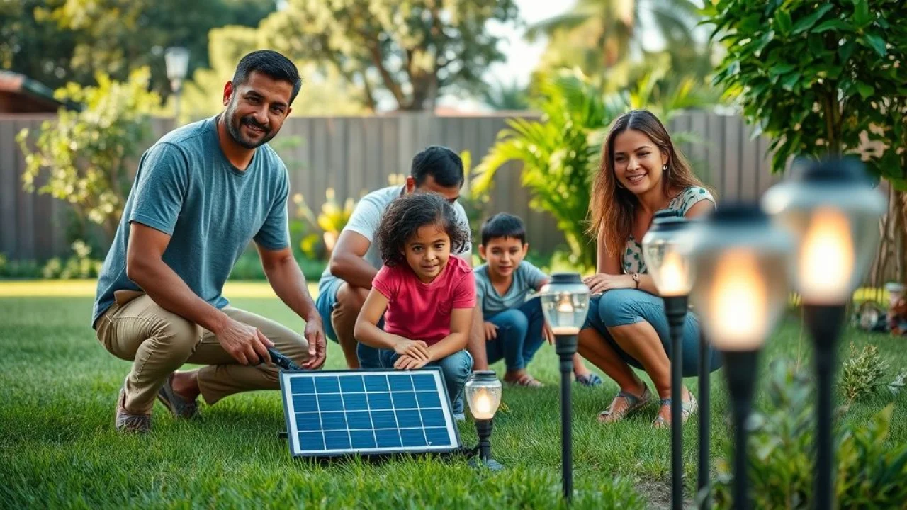 Família brasileira instalando luminárias solares no jardim, mostrando a facilidade de uso.