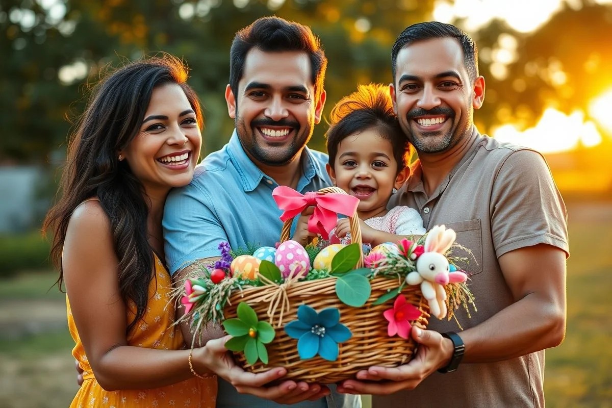 Família brasileira feliz com cesta de Páscoa decorada ao ar livre