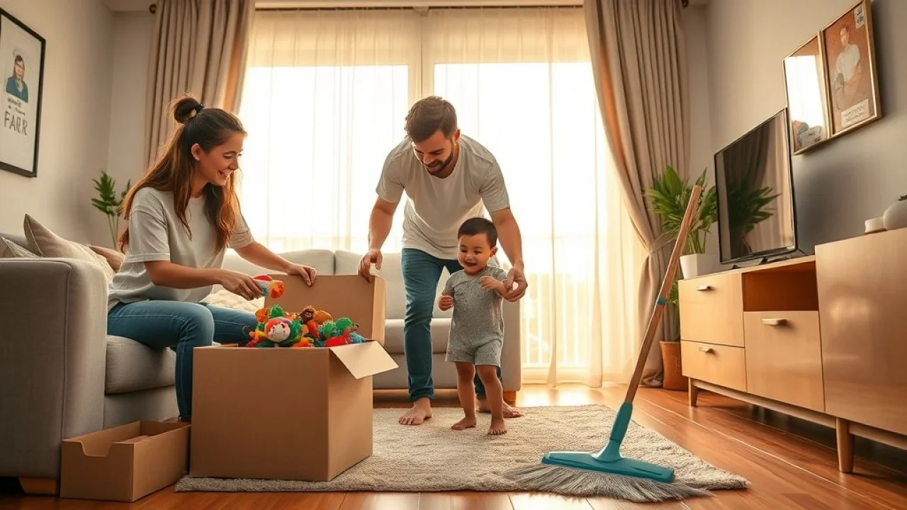 Família brasileira limpando a casa junta, colaboração e alegria.