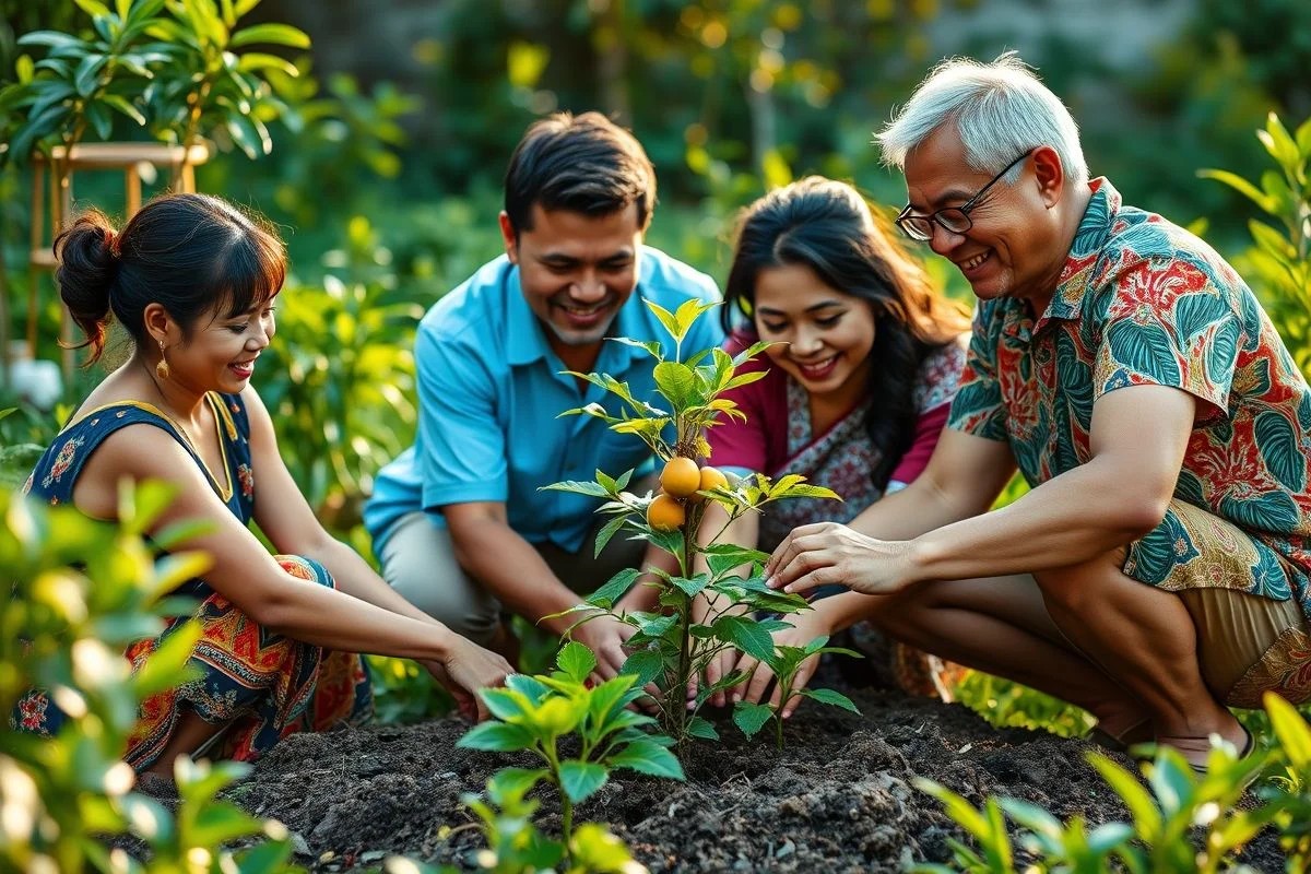 Família brasileira plantando muda de acerola em seu jardim, trabalho em equipe