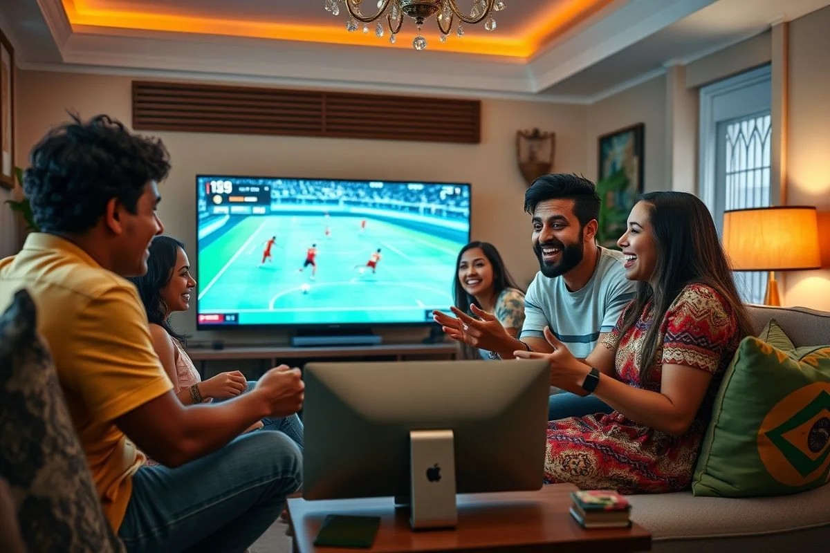 Família brasileira jogando videogame de futebol em sala decorada.