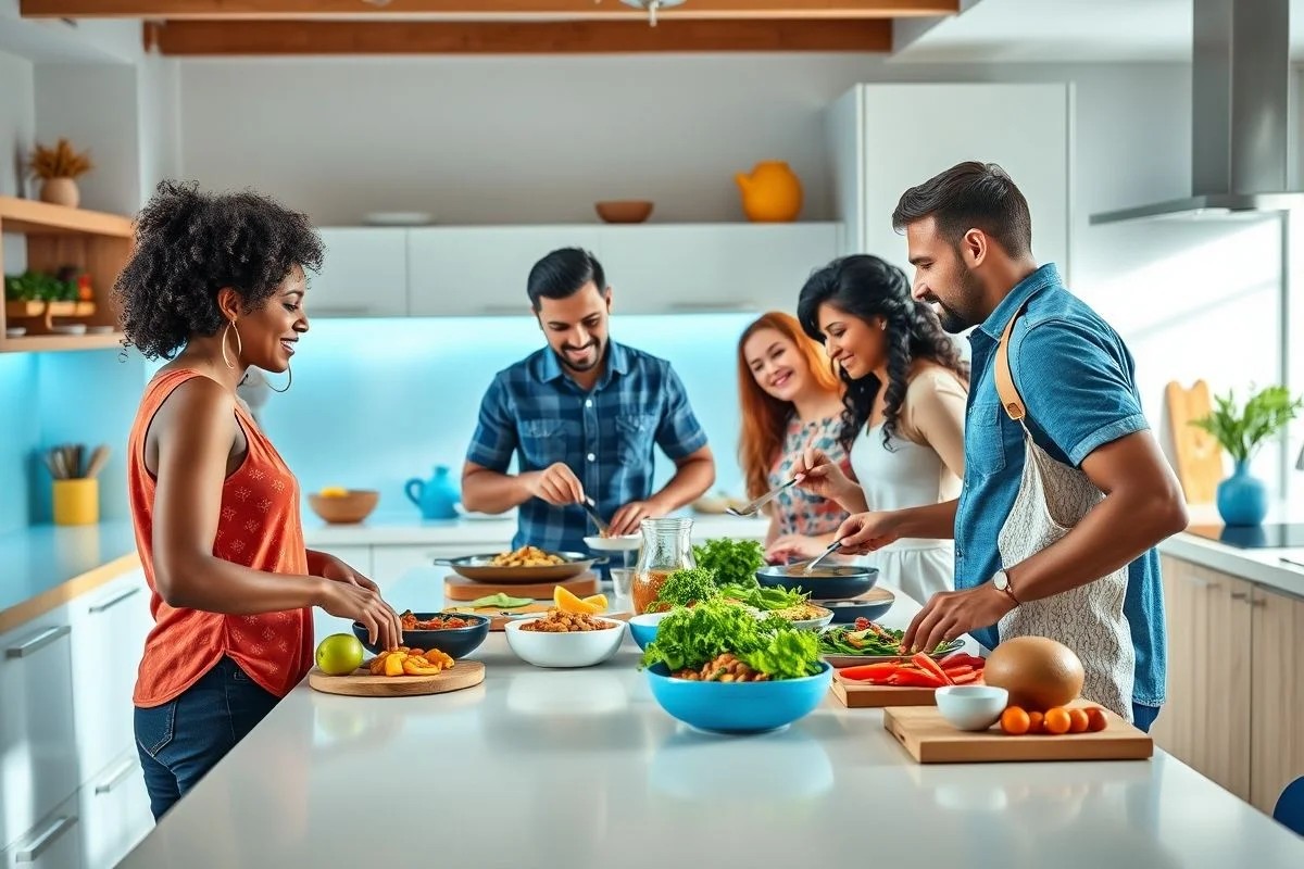 Família brasileira cozinhando em cozinha branca com bancada de madeira e toques de azul.