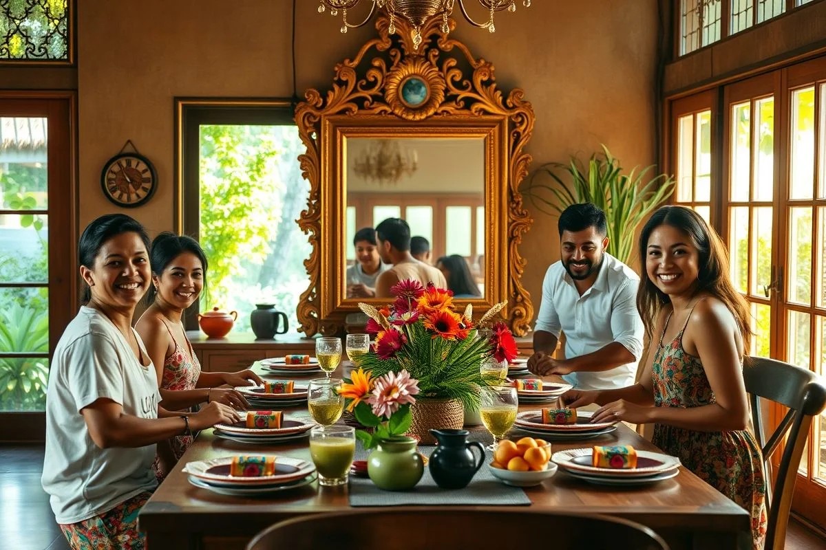 Família brasileira preparando a mesa de jantar com espelho decorativo ao fundo. Ambiente acolhedor.