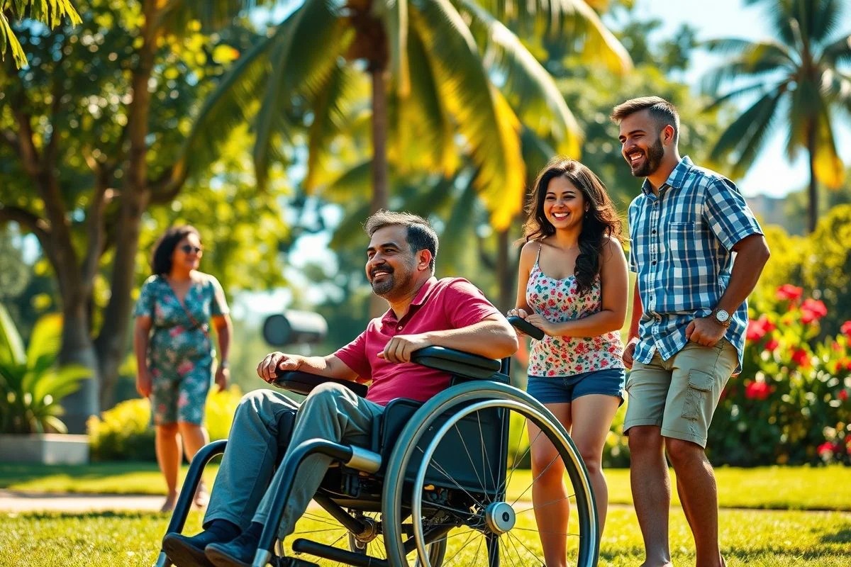Família brasileira com membro cadeirante aproveitando lazer em parque acessível.