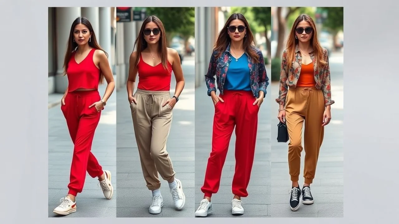 Influenciadora de moda brasileira mostrando looks com calças jogger coloridas.
