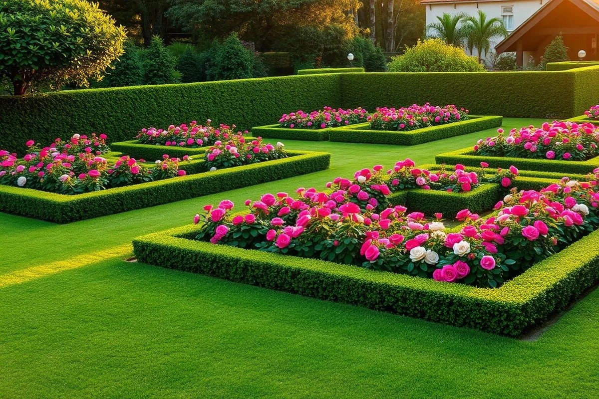 Canteiros de rosas delimitados por cercas vivas de buxinho em jardim brasileiro.