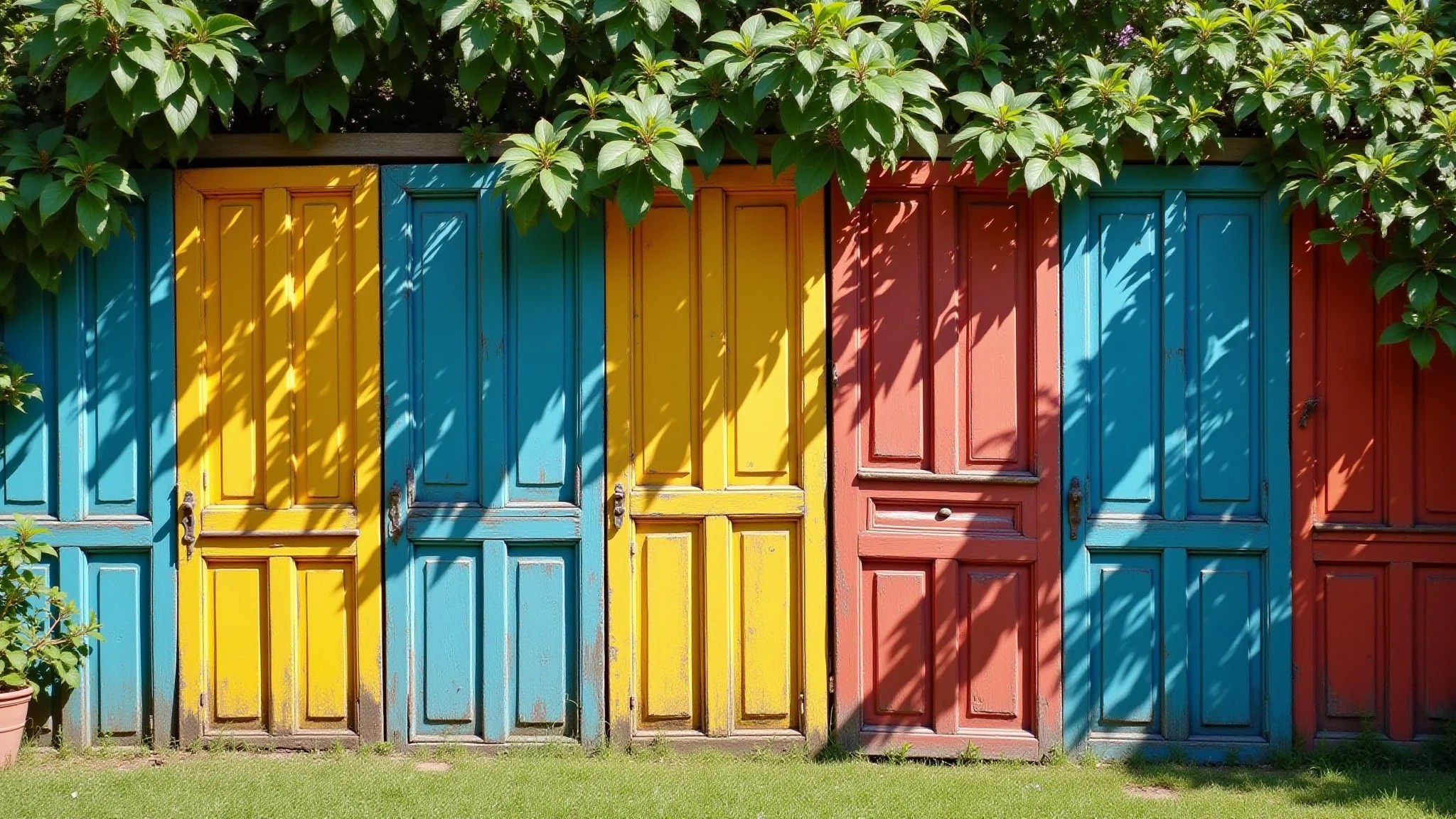 Cerca de jardim feita de portas e janelas antigas, pintadas em cores vibrantes em um jardim brasileiro.