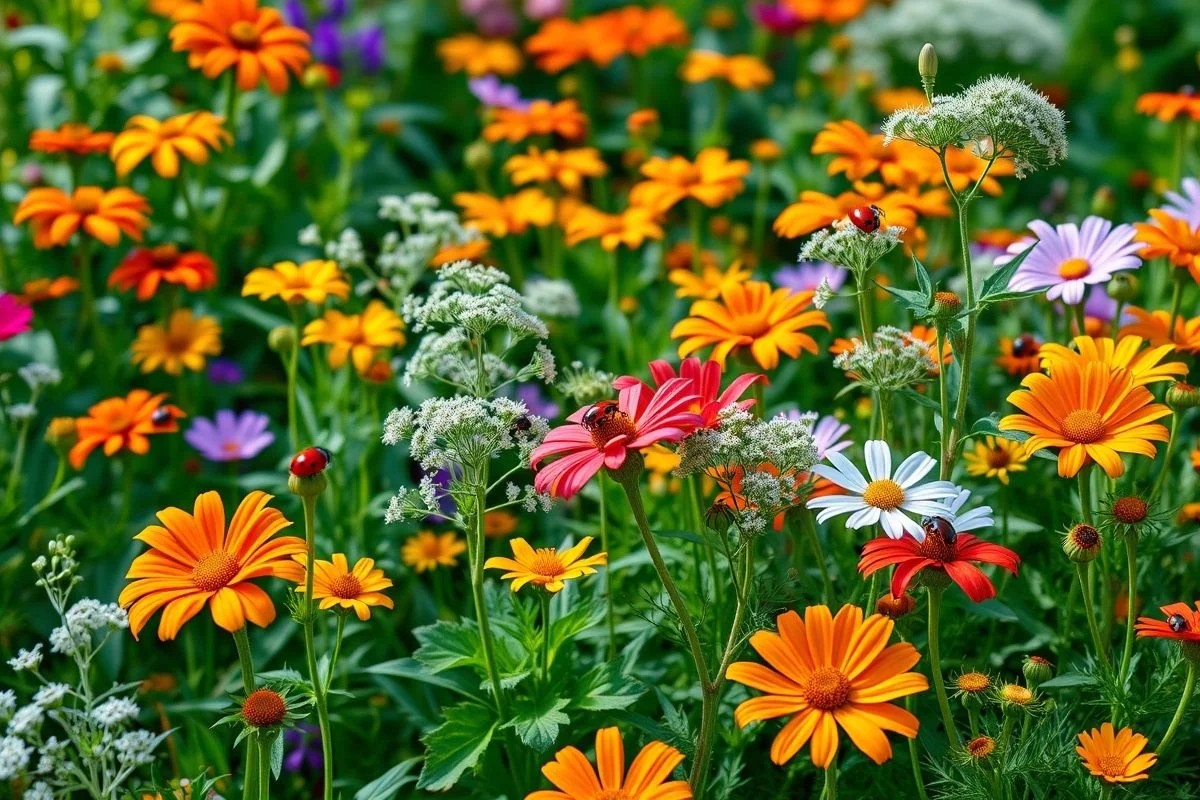 Jardim brasileiro com flores atraindo joaninhas, controle natural de pragas.