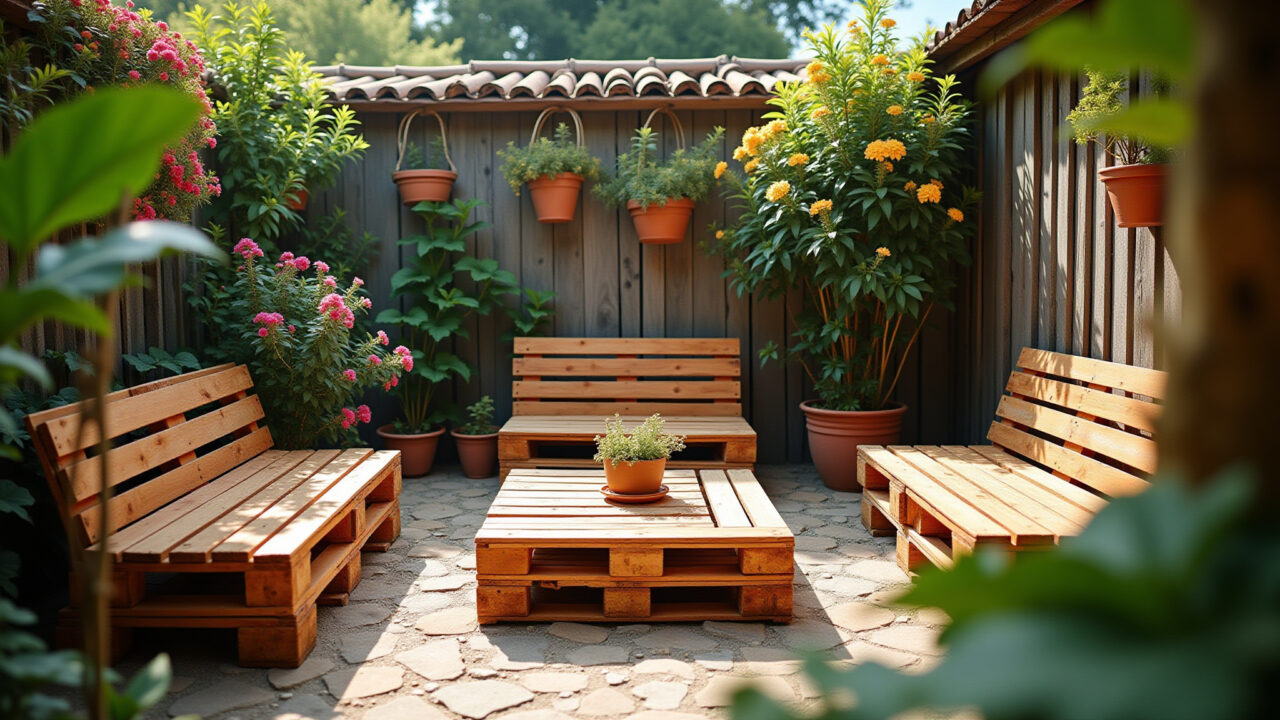 Jardim brasileiro decorado com móveis de pallet e flores vibrantes.