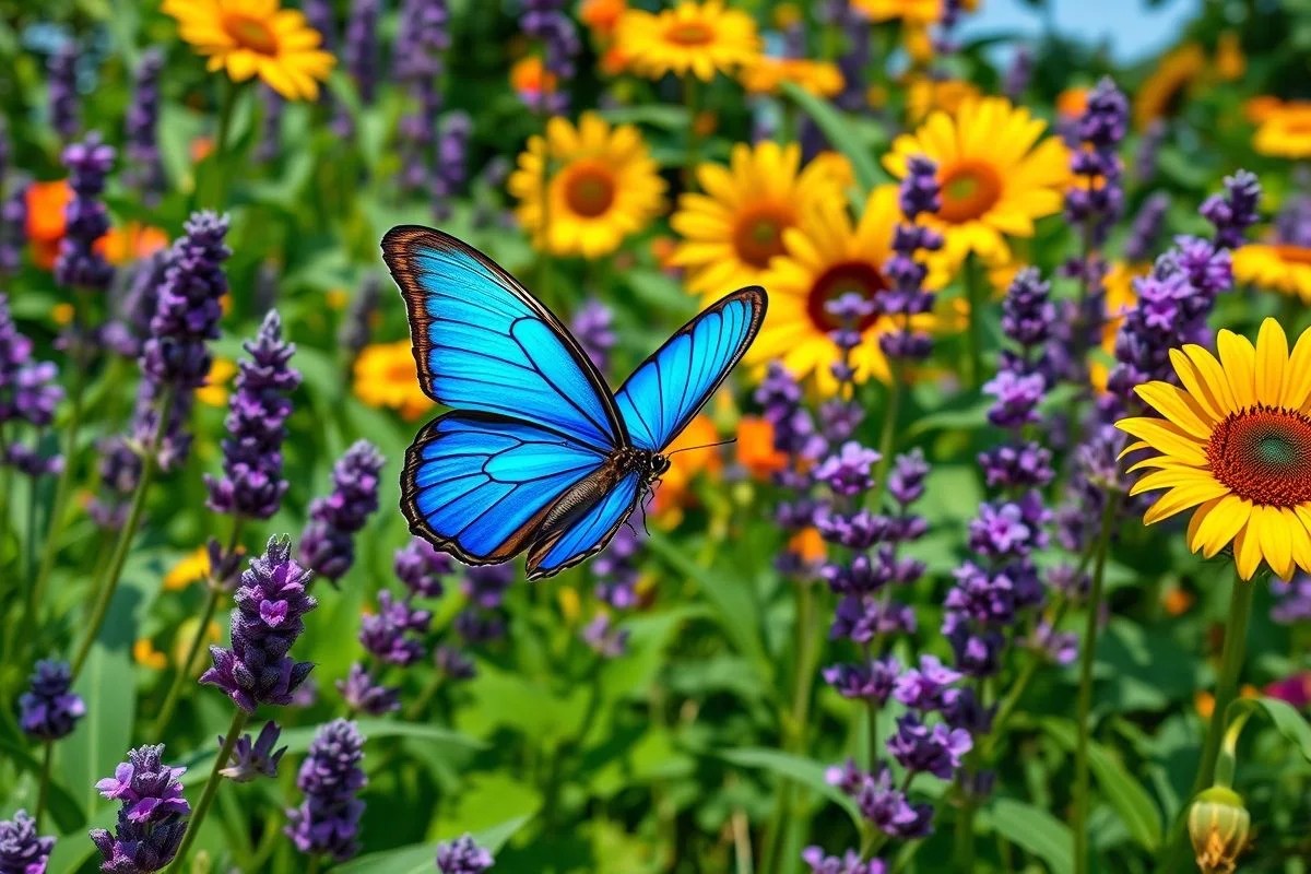 Jardim brasileiro com flores e borboleta Papilio Ulysses, representando atração de borboletas.