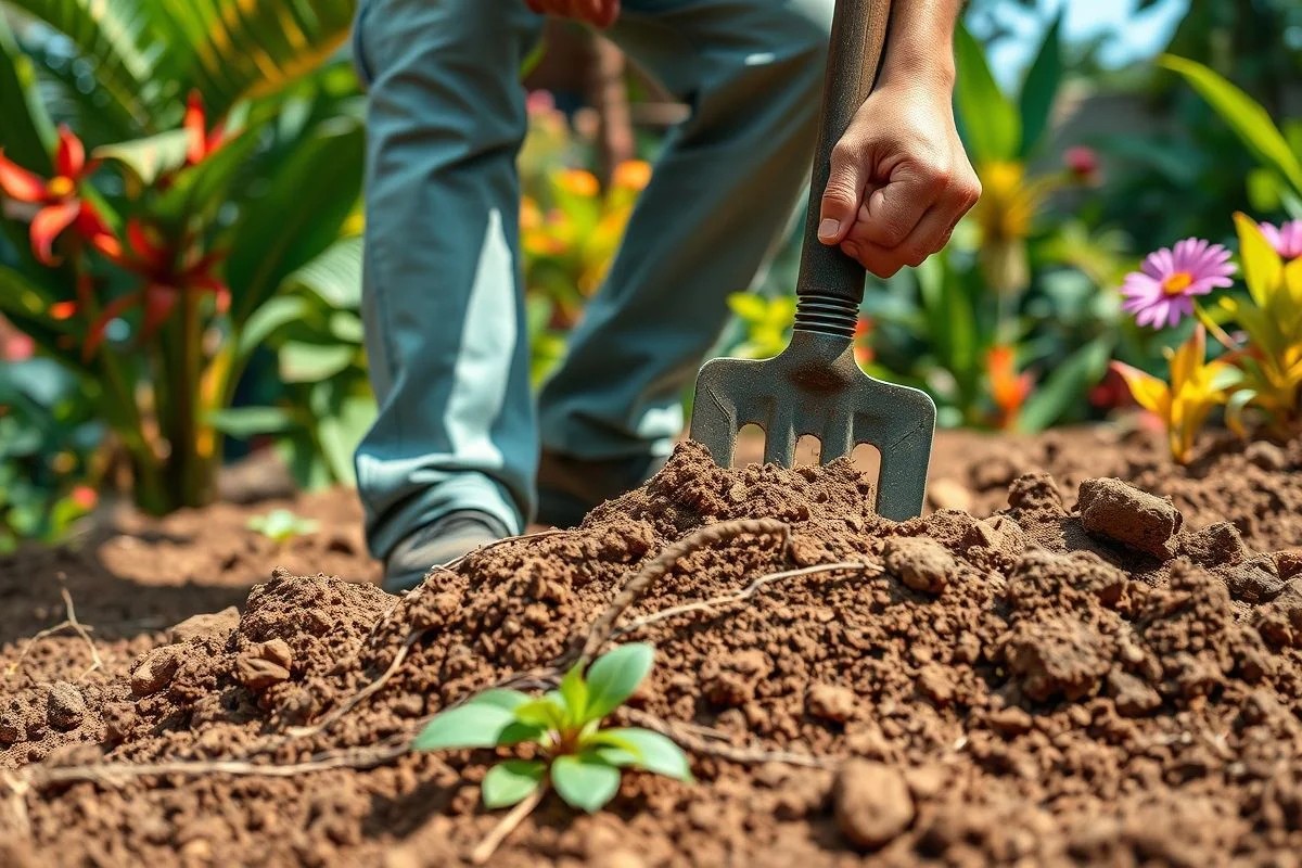 Jardineiro arejando solo argiloso com garfo de jardim para melhorar a drenagem no Brasil