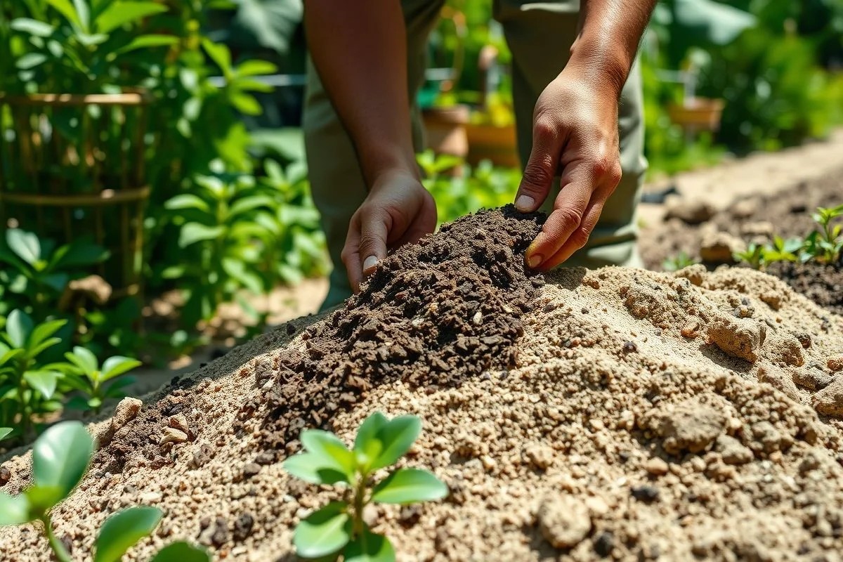 Jardineiro brasileiro adicionando composto orgânico ao solo arenoso para melhorar a retenção
