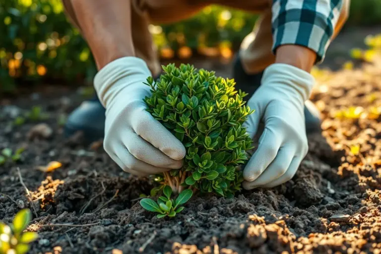 Jardineiro plantando muda de buxinho em solo bem drenado no Brasil.
