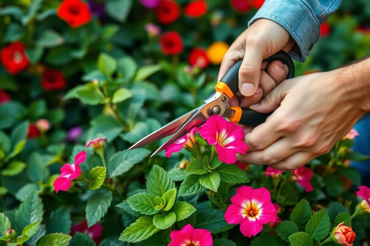 Jardineiro podando flores murchas de petúnia com tesoura de poda.