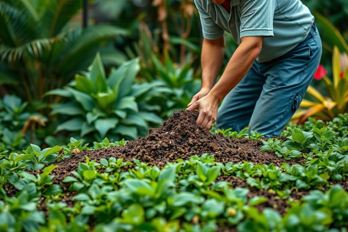 Jardineiro brasileiro espalhando composto orgânico caseiro em canteiro de jardim