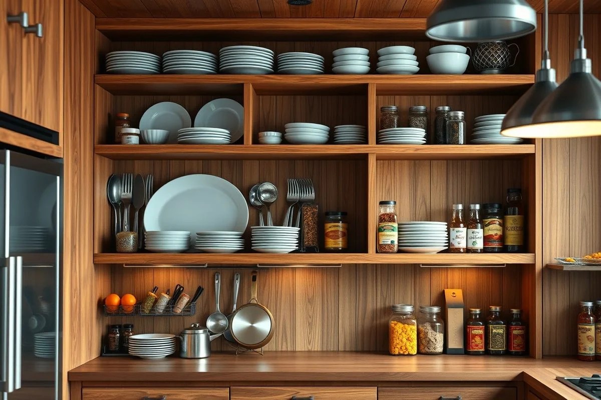 Armários e prateleiras organizadas em espaço gourmet