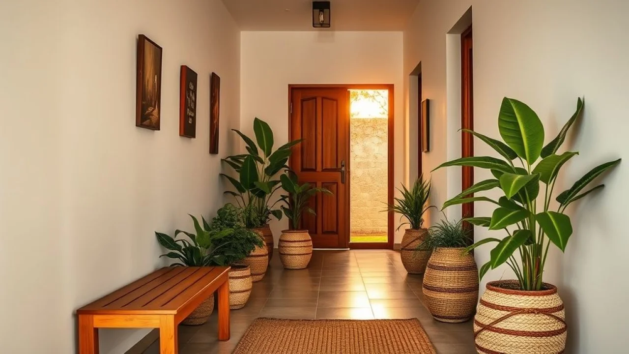 Corredor com plantas, banco de madeira e cestos, decoração funcional e sustentável.