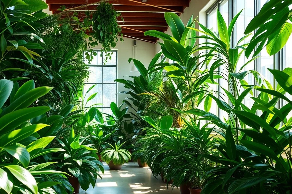 Corredor com diversas plantas verdes, criando ambiente fresco e natural.