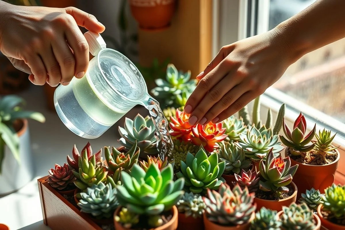 Regando suculentas, jardinagem no Brasil, janela ensolarada, plantas fáceis