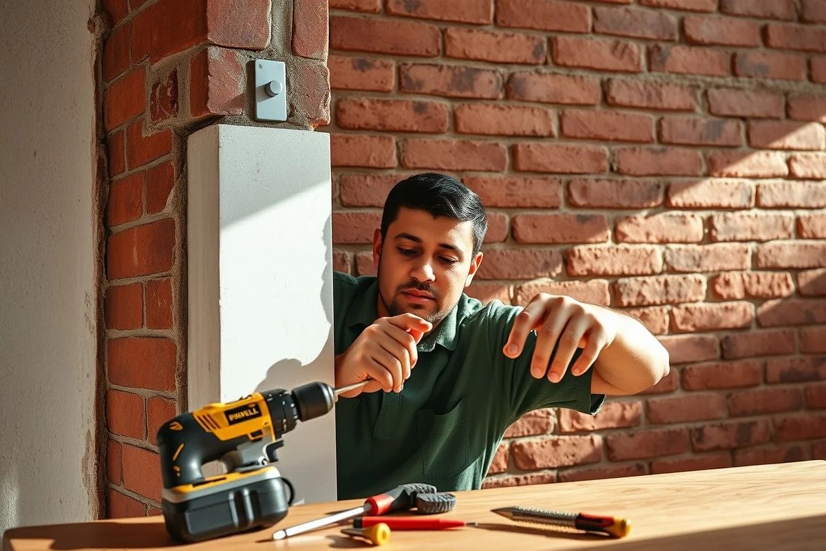 Instalando bucha de nylon em parede de tijolo com furadeira.