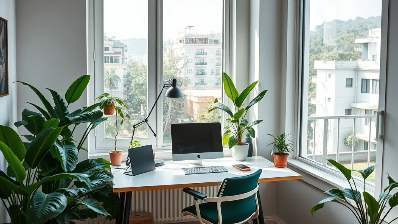 Home office brasileiro com mesa perto da janela e plantas