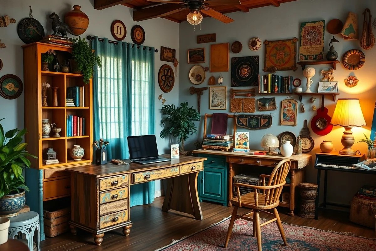 Home office brasileiro com móveis reaproveitados e decoração DIY.