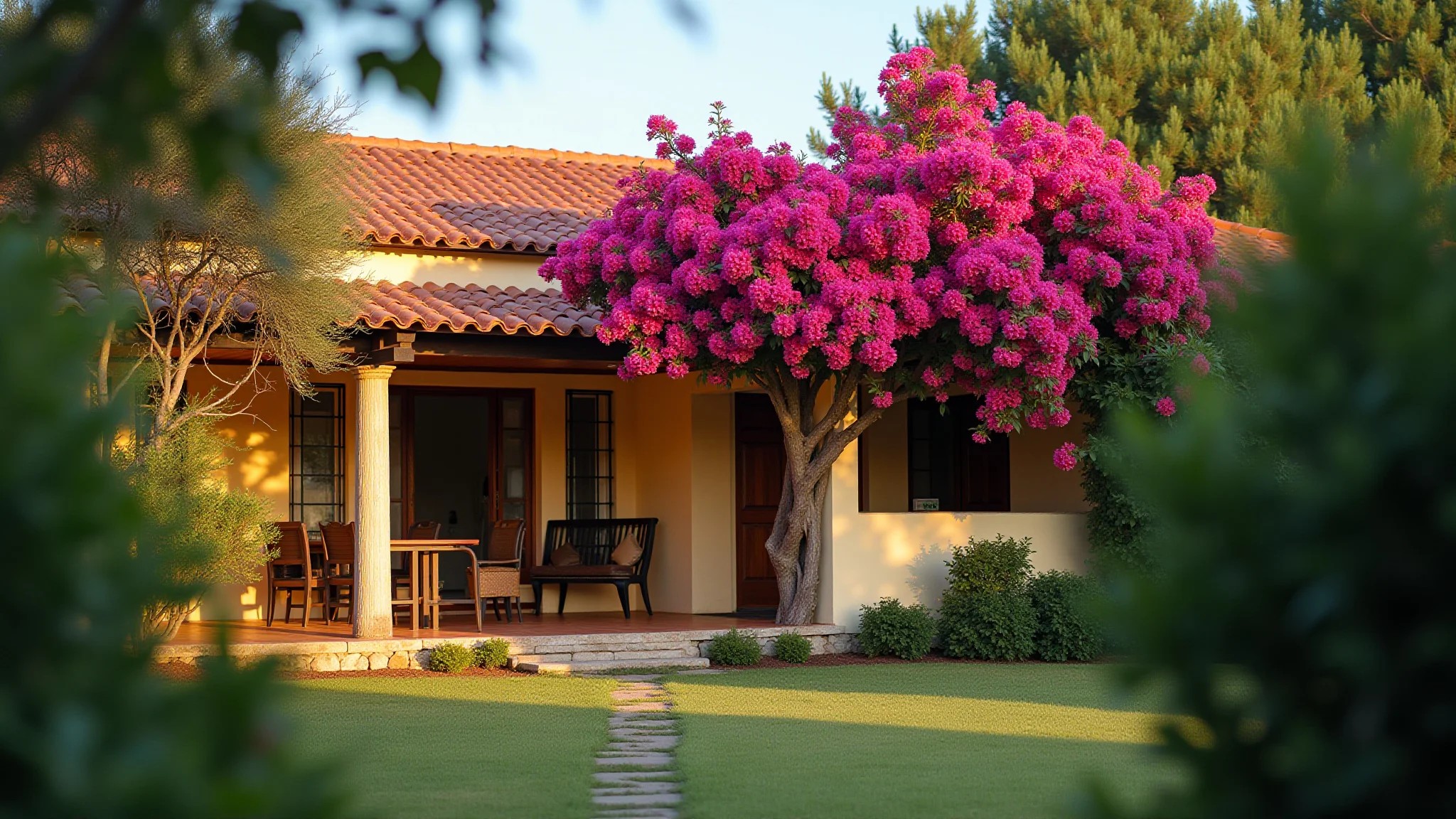 Casa brasileira com primavera exuberante cobrindo a pérgola, cores vibrantes.