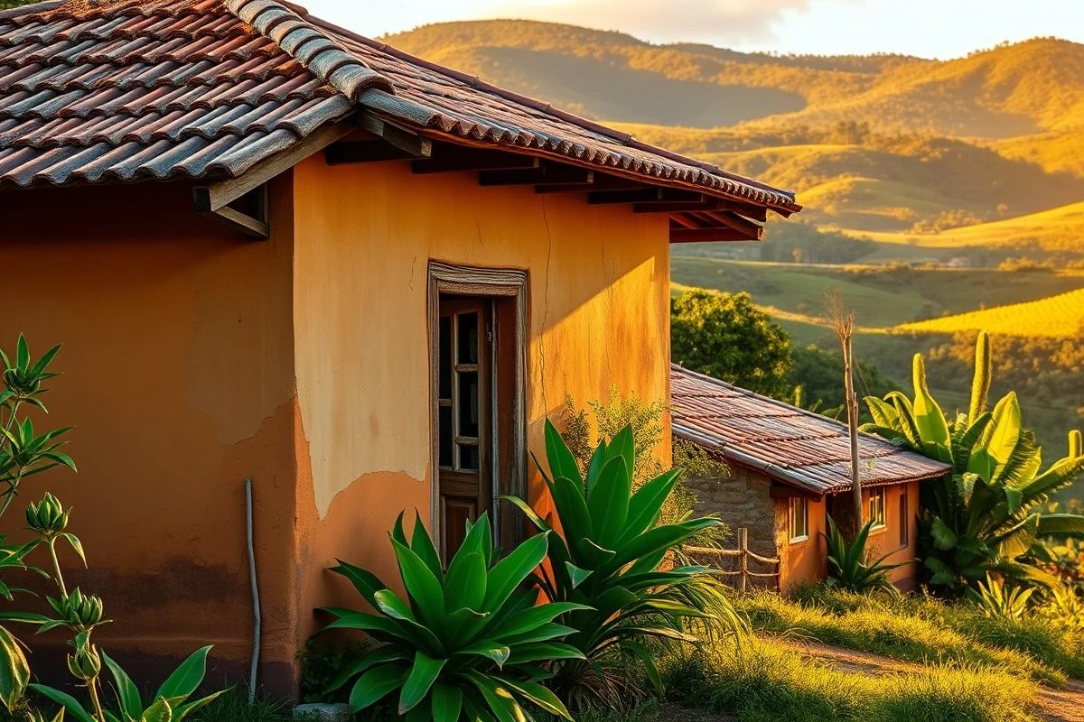 Casa brasileira em tons terrosos com telhado de terracota, paisagem verde exuberante ao fundo.