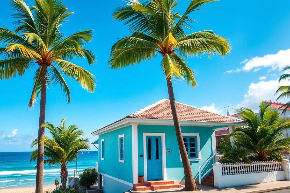 Casa de praia brasileira em tons de azul e branco, com palmeiras e céu azul ao fundo.