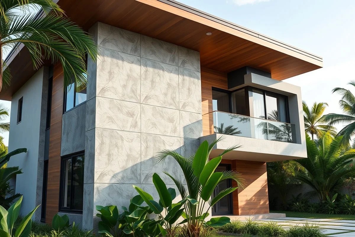 Fachada de casa com painéis de isolamento térmico, design moderno e sustentável.