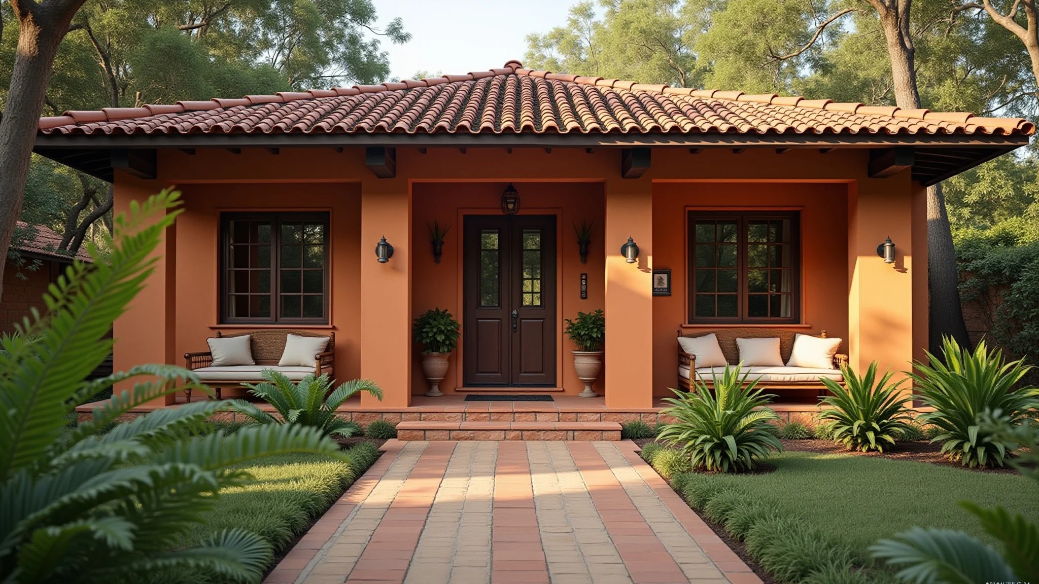 Fachada de casa brasileira em terracota, estilo rústico e jardim bem cuidado.