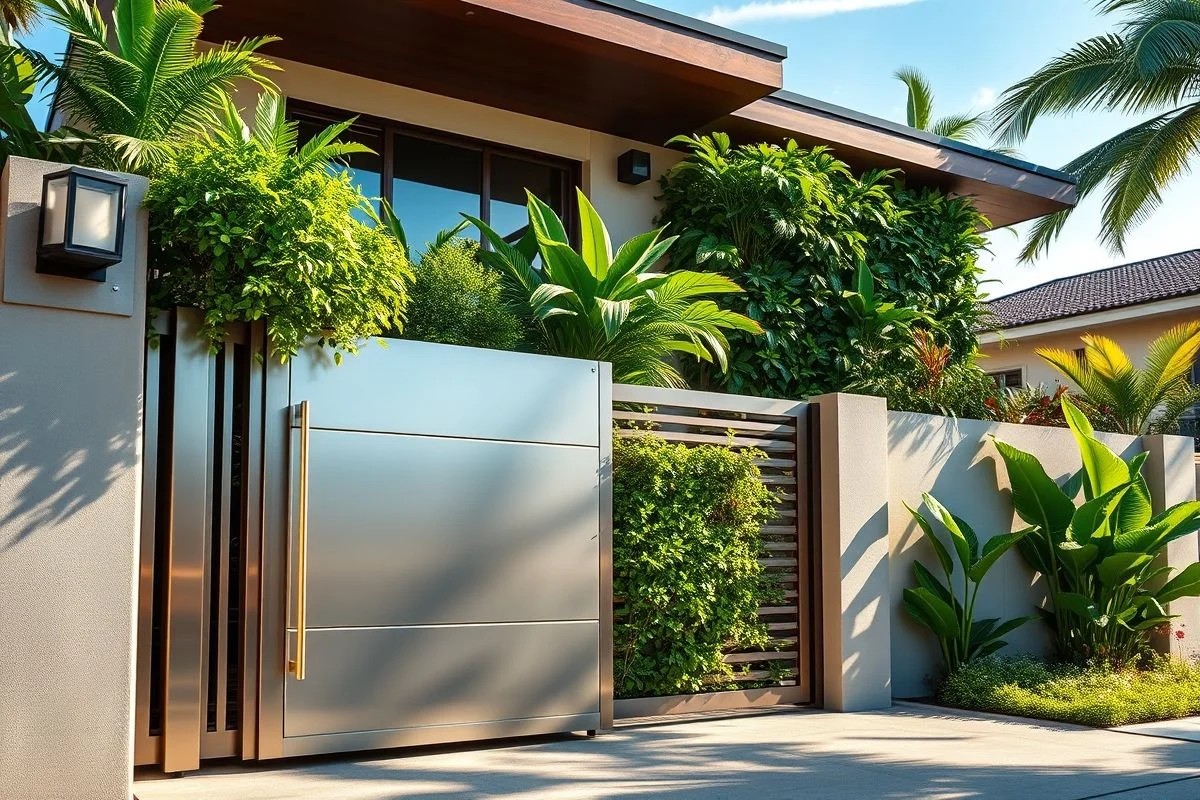 Muro com jardim vertical e portão de metal em casa brasileira.