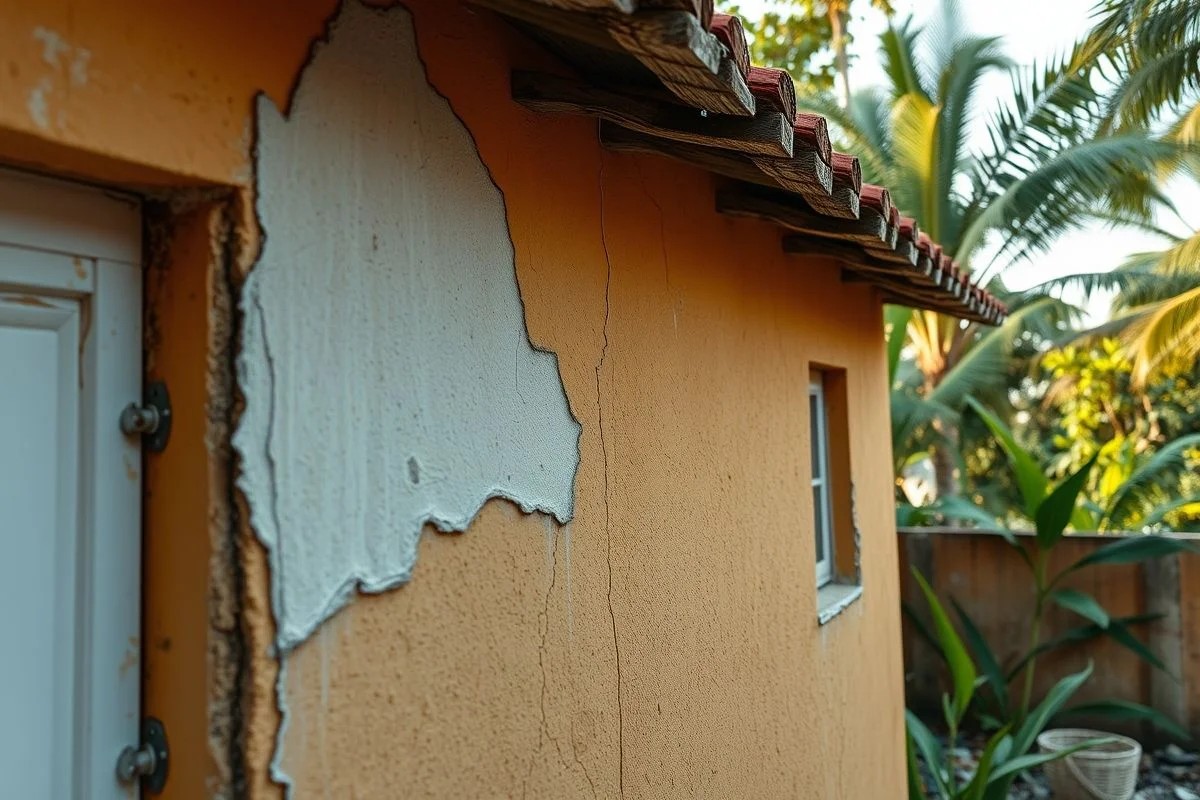 Reparo de rachaduras em parede externa com tinta emborrachada.