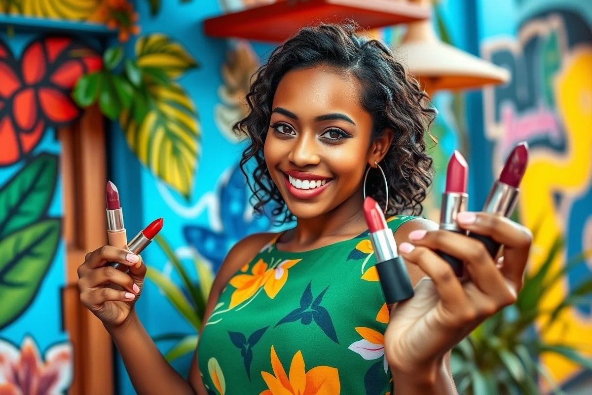 Influenciadora brasileira mostrando batons malva no TikTok