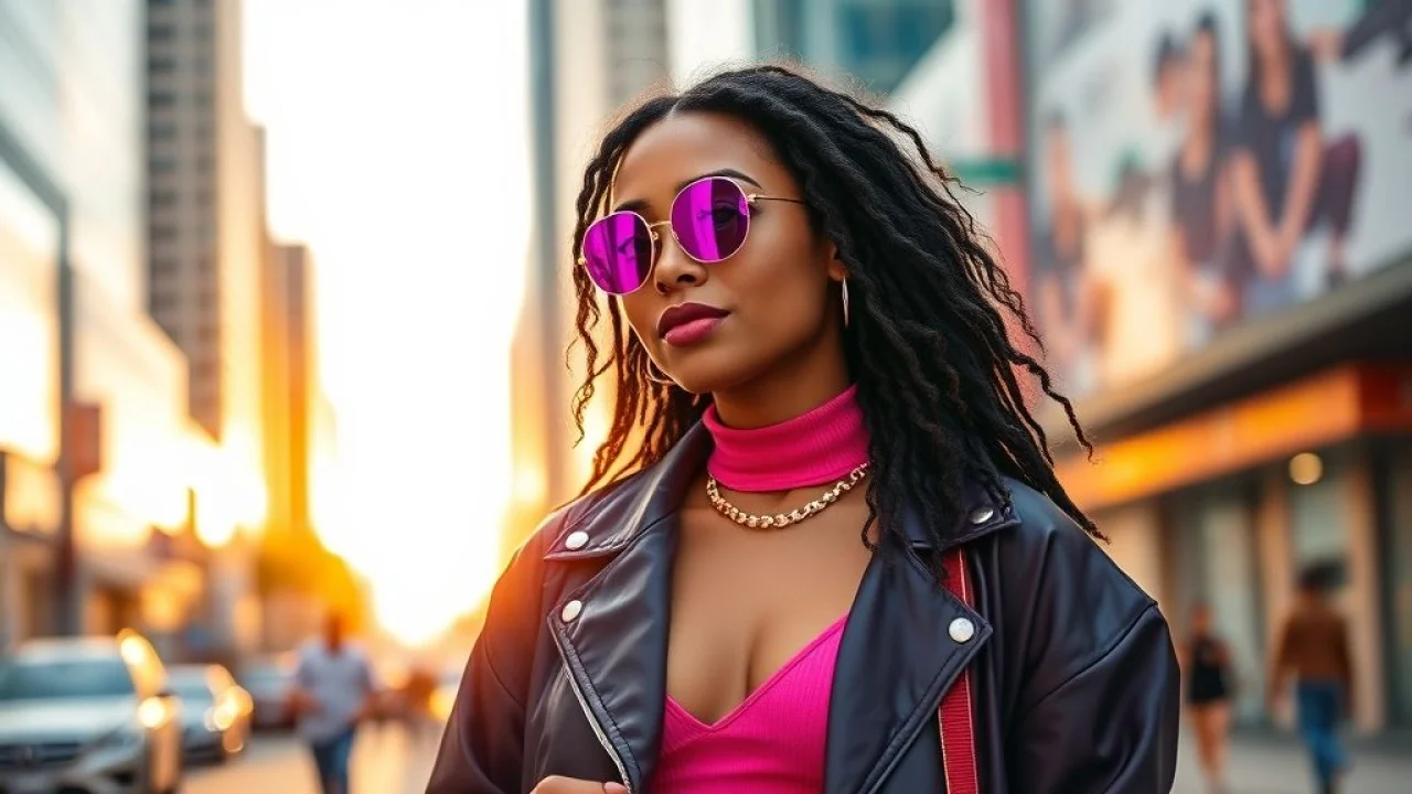Influenciadora brasileira exibindo look com cores análogas (roxo, rosa, vermelho).