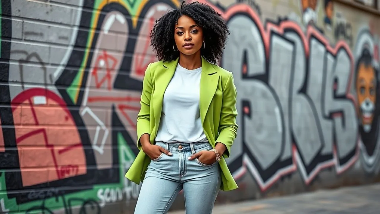 Blazer verde neon com jeans, look urbano brasileiro. Influenciadora de moda.