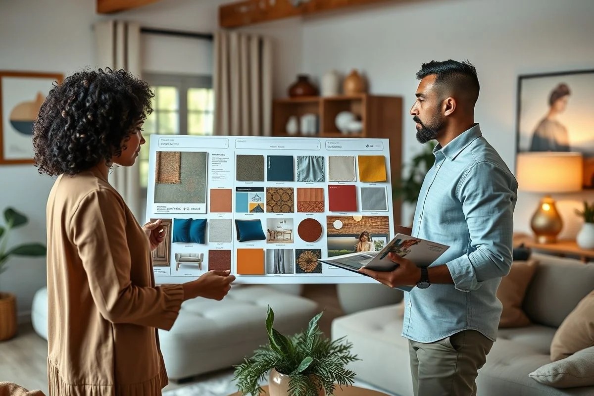 Designer de interiores apresenta projeto para casal em sala de estar moderna e iluminada.