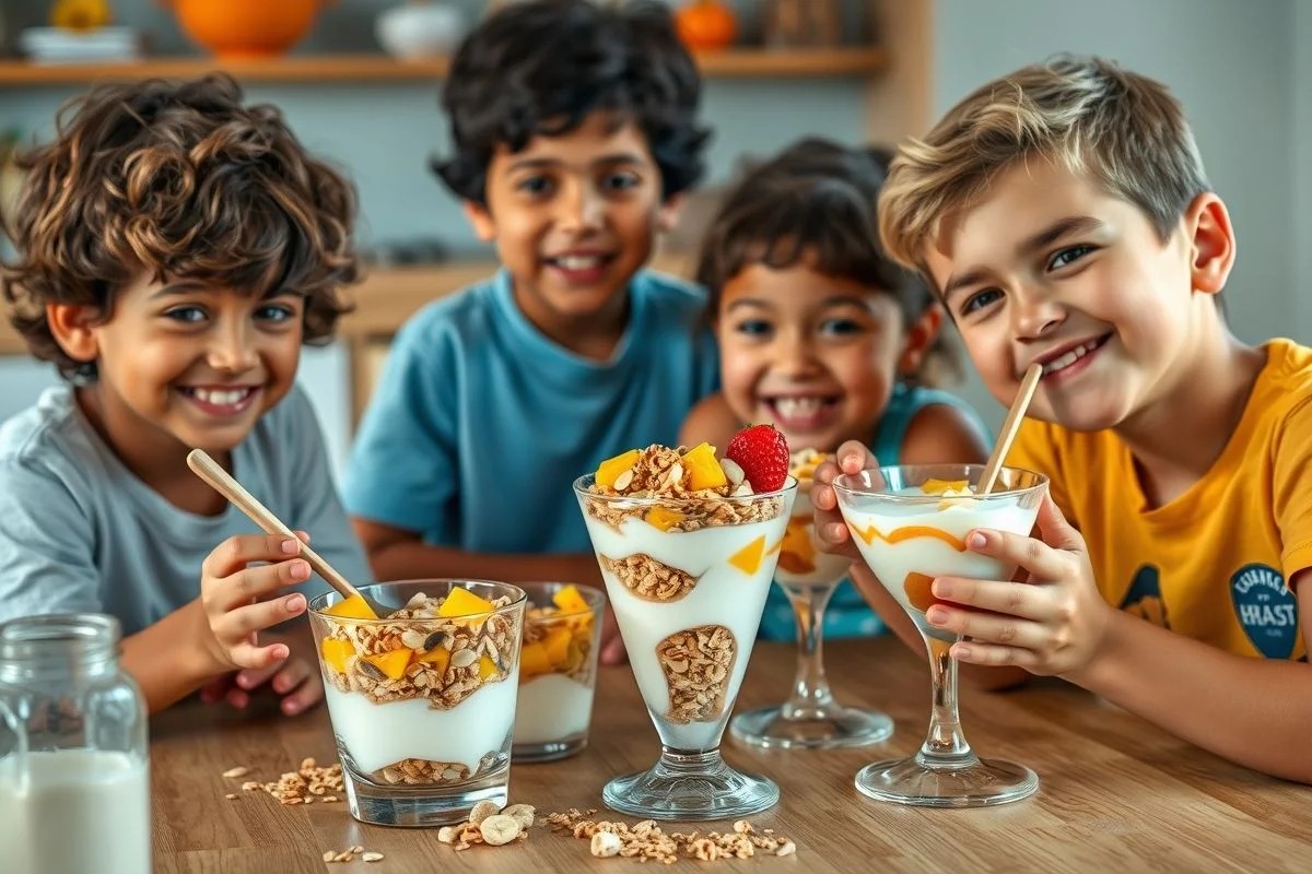 Crianças brasileiras montando parfaits de iogurte com frutas, granola e mel.