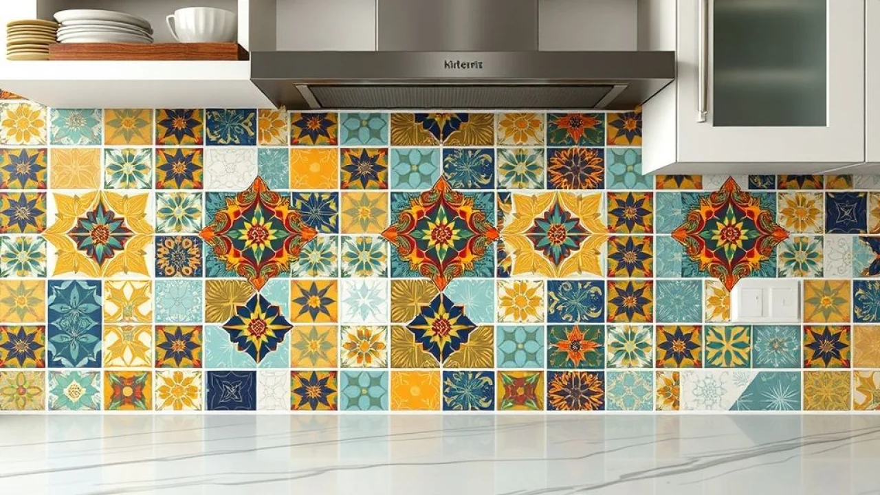 Backsplash de cozinha com pastilhas adesivas coloridas.