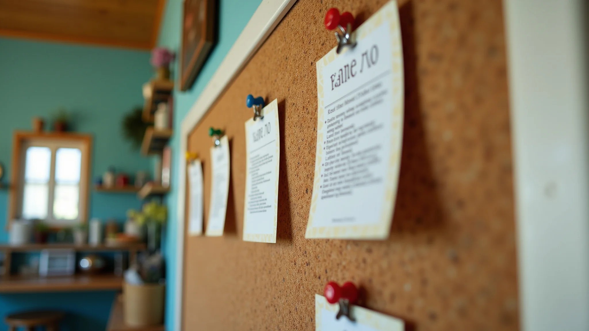 Mural de receitas charmoso com placa de cortiça e percevejos coloridos.