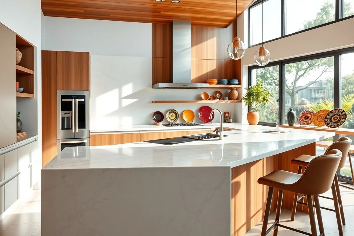Bancada de granito claro em cozinha americana, design moderno, Brasil.